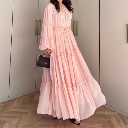Long Puff Sleeve Tiered Maxi Dress Tie Waist