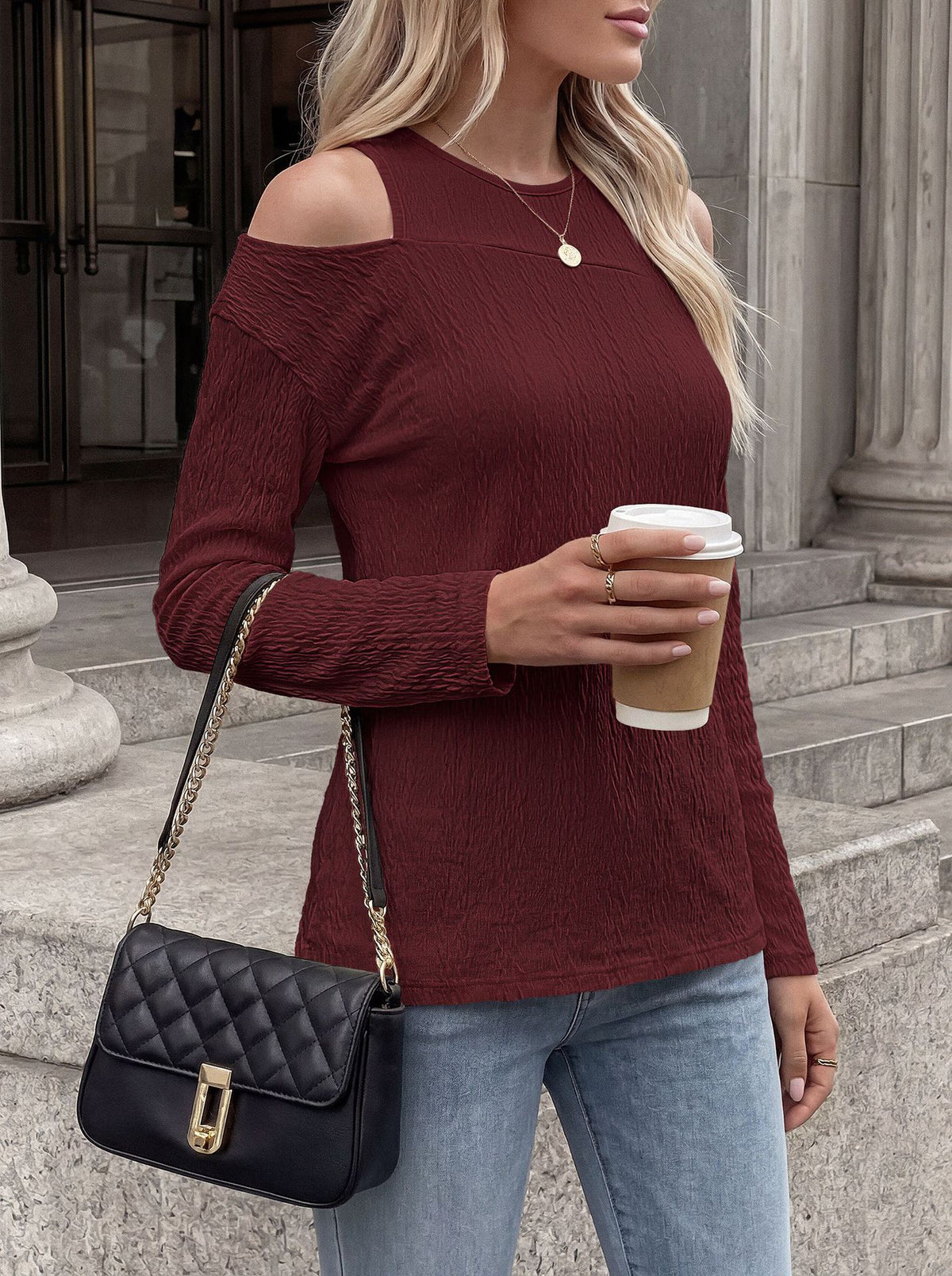 Women's Cold Shoulder Long Sleeve Tunic Top Loose Casual