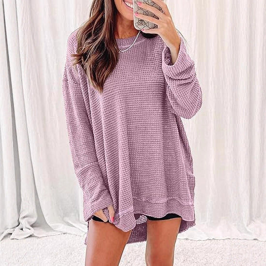 Oversized Waffle Knit Crew Neck Side Slit Long Sleeve Tunic