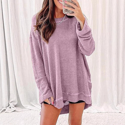 Oversized Waffle Knit Crew Neck Side Slit Long Sleeve Tunic
