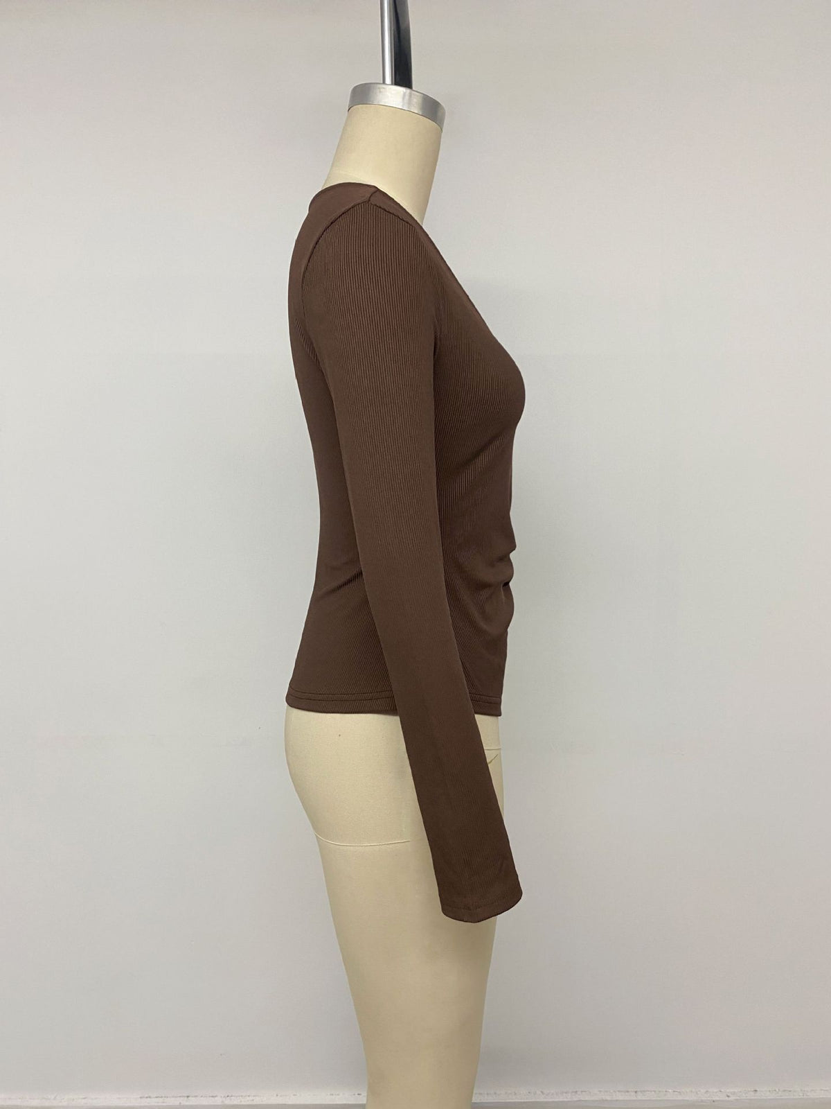 Women's V-Neck Ribbed Buckle Waist Long Sleeve Fitted Top
