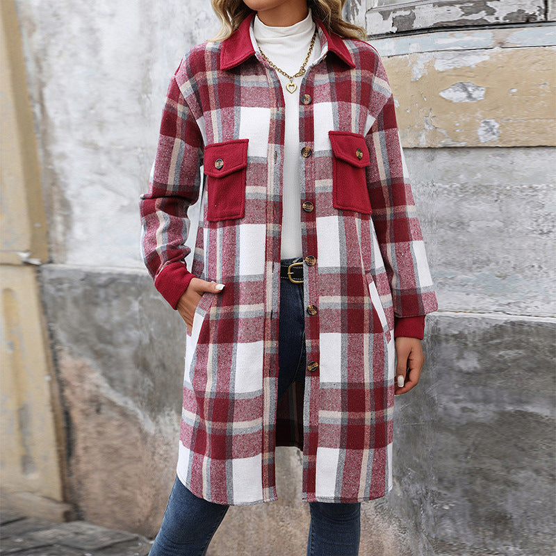Plaid Shirt Jacket for Women - Long Button Front Coat