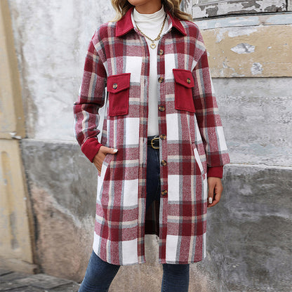 Plaid Shirt Jacket for Women - Long Button Front Coat
