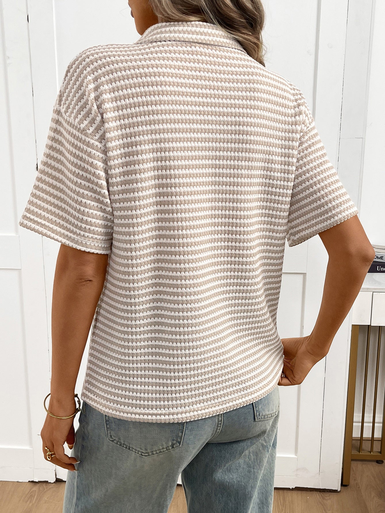 Striped Knit Polo Sweater Tee Relaxed Short Sleeve Top