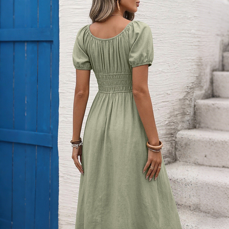 Spring Summer Puff Sleeve Maxi Dress French Elegance