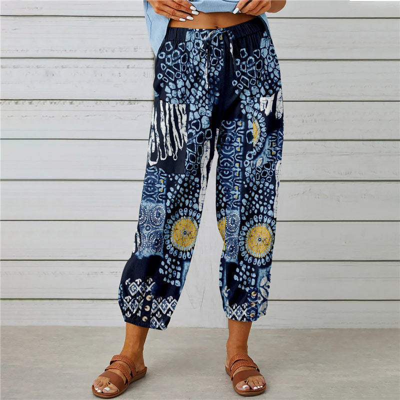 Women's Boho Floral High Waist Cotton Linen Joggers