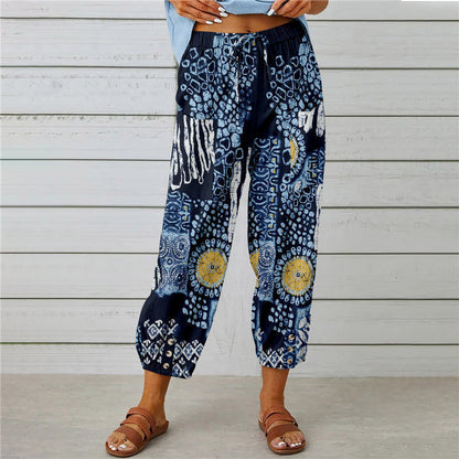 Women's Boho Floral High Waist Cotton Linen Joggers