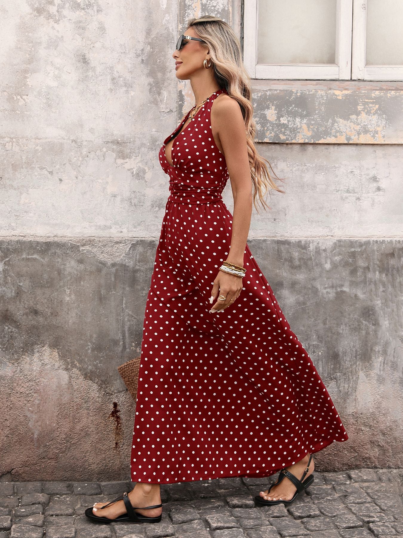 Black Polka Dot Halter Deep V Maxi Dress Summer