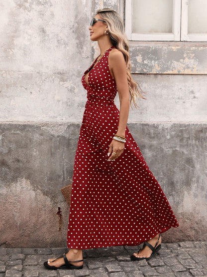 Black Polka Dot Halter Deep V Maxi Dress Summer