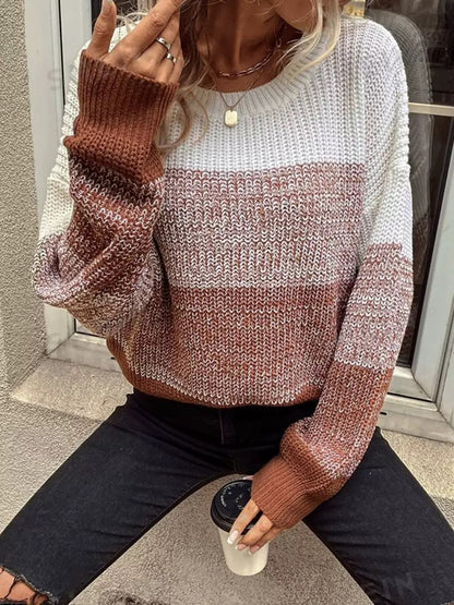 Womens Color Block Crew Neck Oversized Knit Sweater