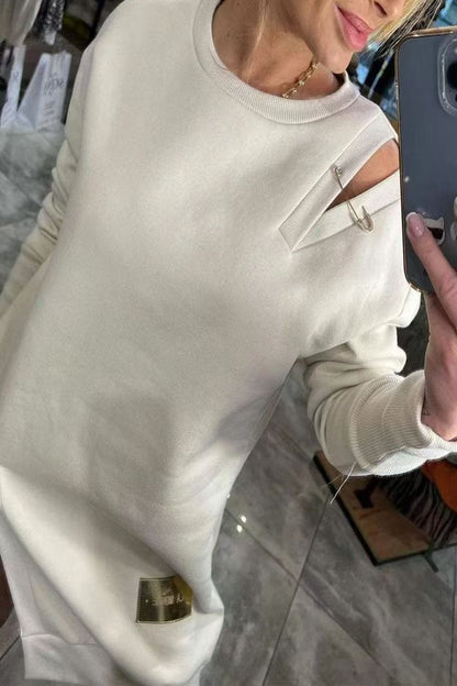 Oversized Fleece Crewneck Sweatshirt Dress Side Slit
