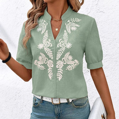 V Neck Embroidered Cotton Blouse Casual Summer Shirt