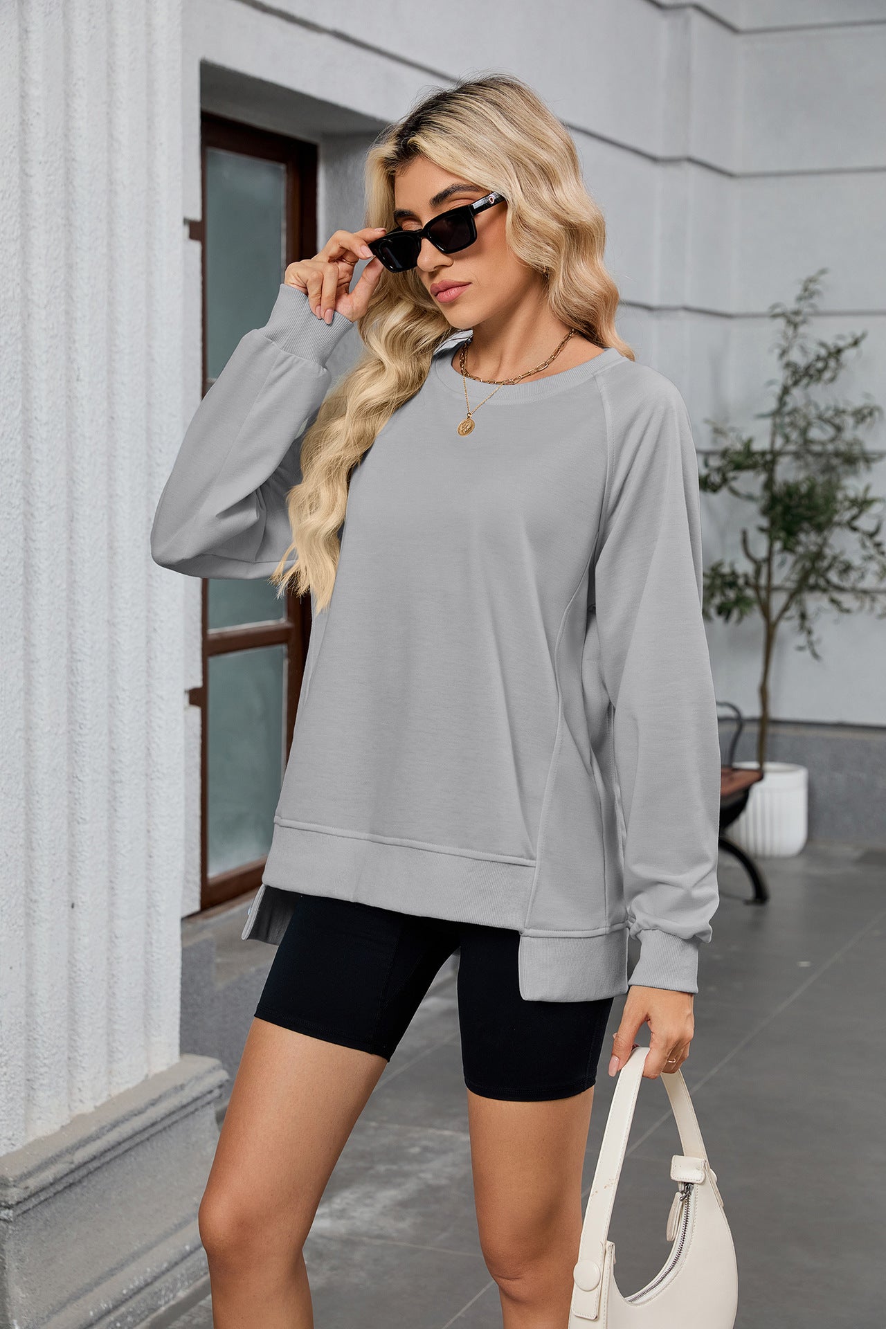 Women Oversized Crewneck Sweatshirt Long Sleeve Side Slit