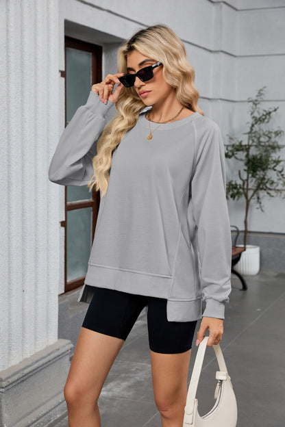 Women Oversized Crewneck Sweatshirt Long Sleeve Side Slit
