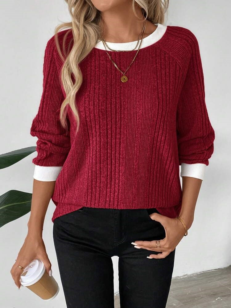 Women's Color Block Ribbed Crew Neck Long Sleeve Sweater