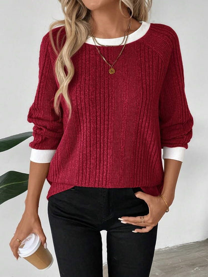 Women's Color Block Ribbed Crew Neck Long Sleeve Sweater