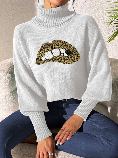 Ladies Bottom Shirt Sequin Embroidered Lip Turtleneck