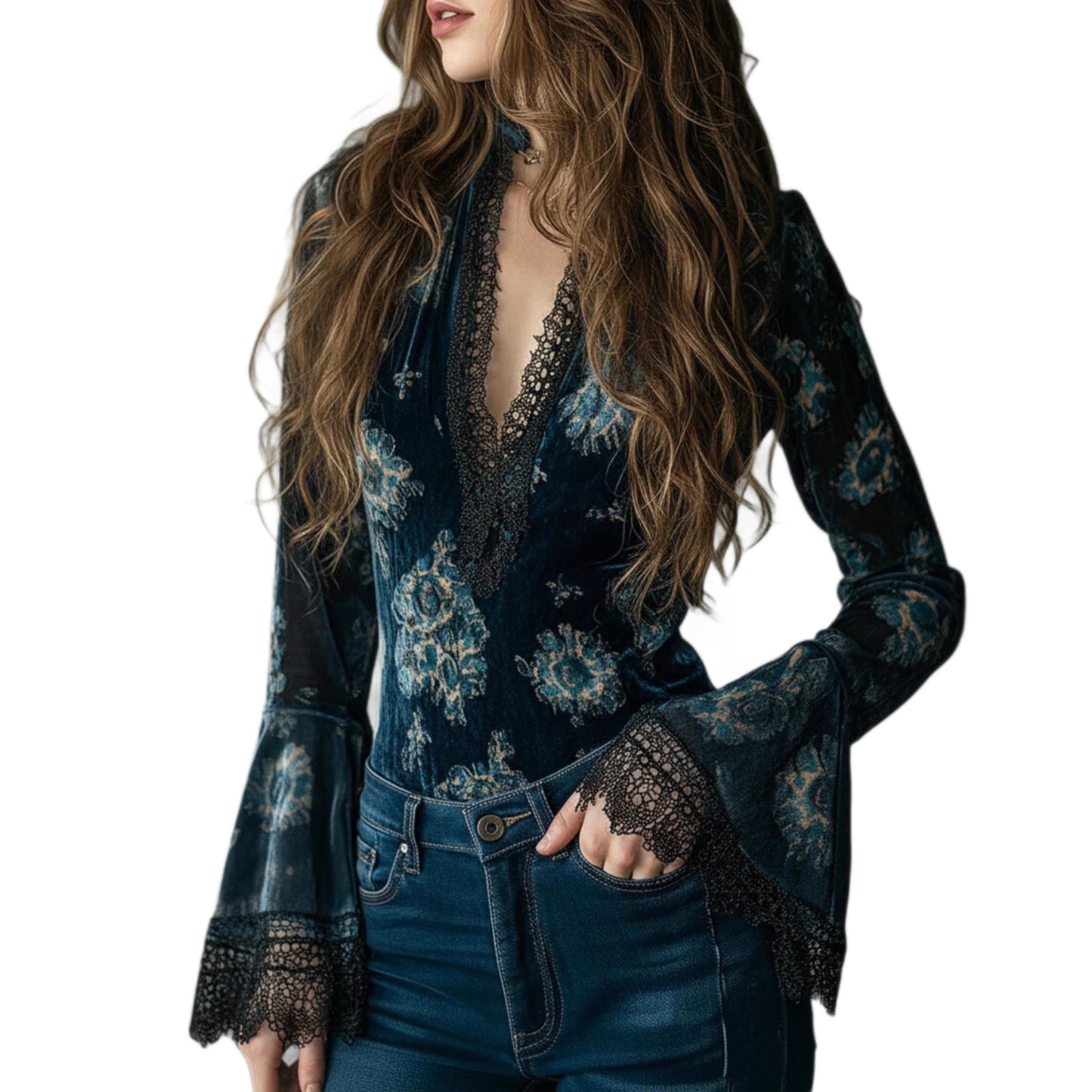 Women's Velvet V-Neck Lace Bell Sleeve Floral Blouse