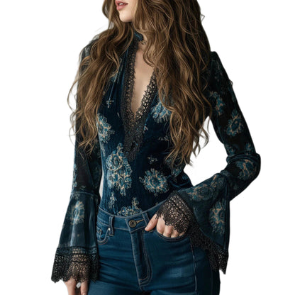 Women's Velvet V-Neck Lace Bell Sleeve Floral Blouse