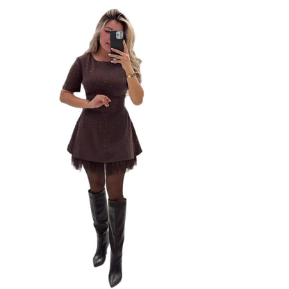 Rhinestone Lace Trim Short Sleeve A-Line Mini Dress