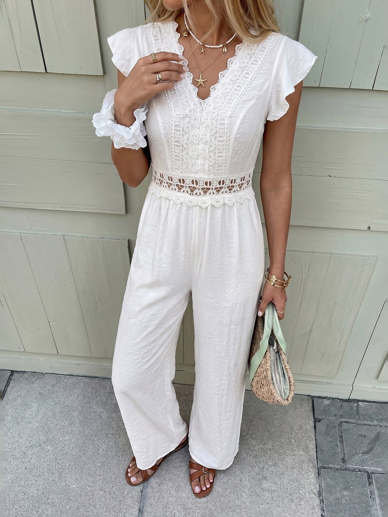 Lace Flutter Sleeve Wide Leg Jumpsuit Resort Outfit