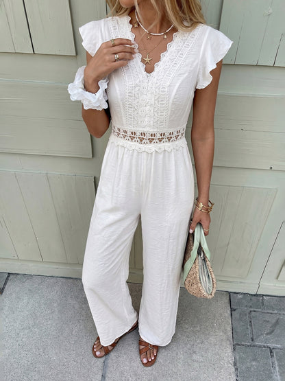 Lace Flutter Sleeve Wide Leg Jumpsuit Resort Outfit