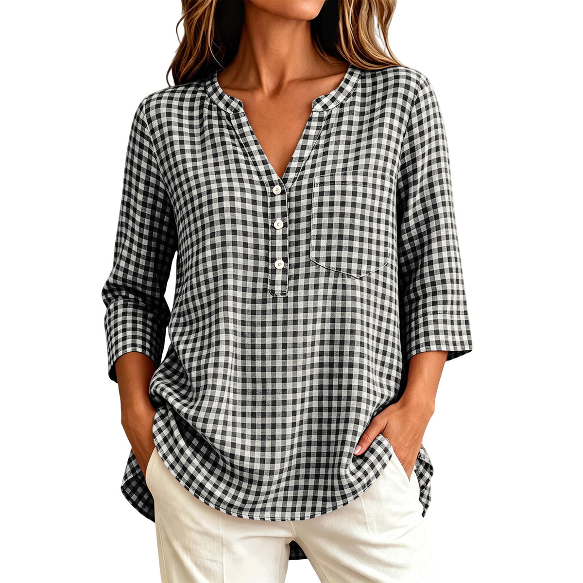 Women's Gingham V Neck 3/4 Sleeve Loose Casual Blouse