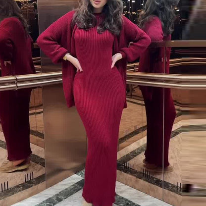 Women's Ribbed Maxi Dress and Cardigan Matching Set