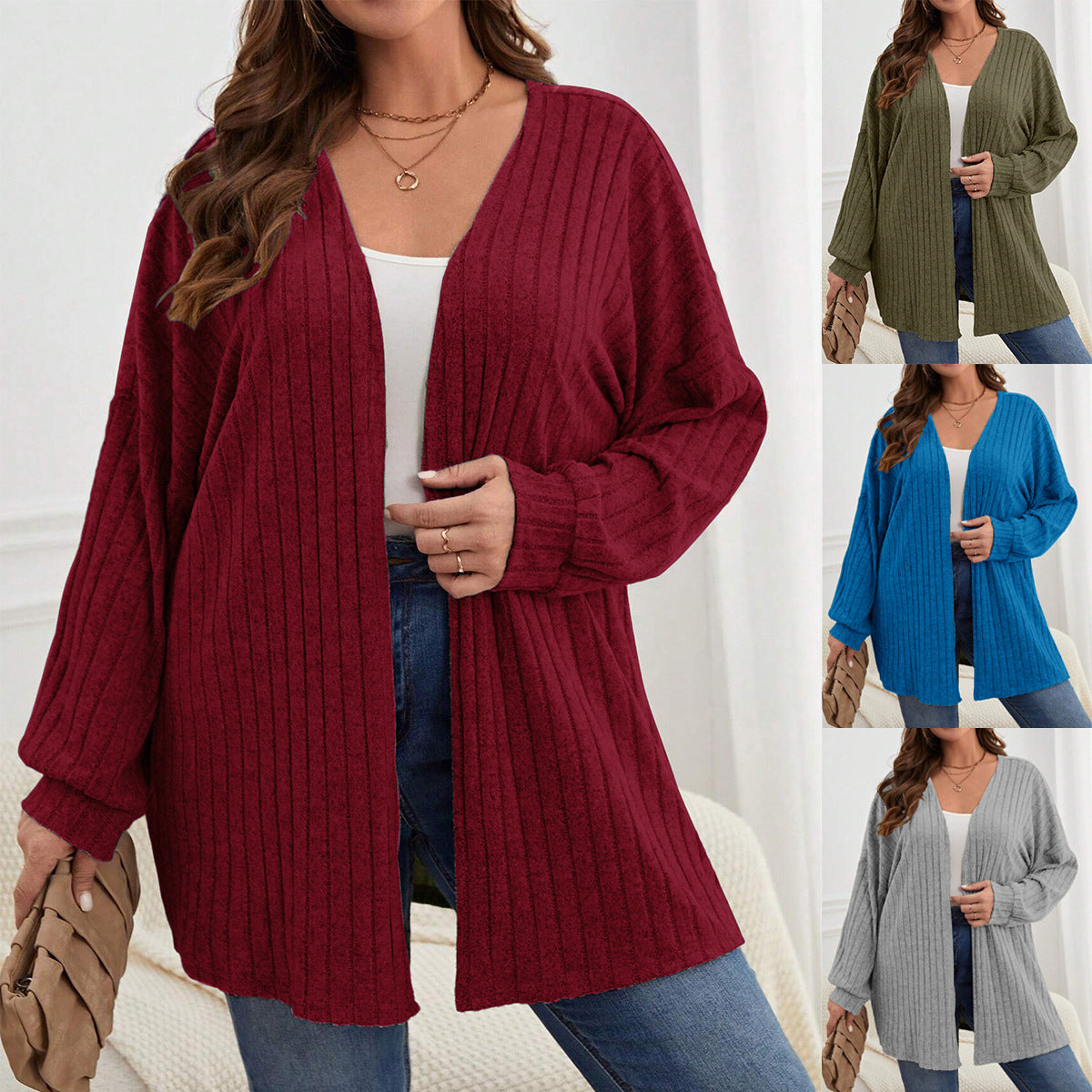 Women's Open Front Ribbed Knit Long Sleeve Cardigan
