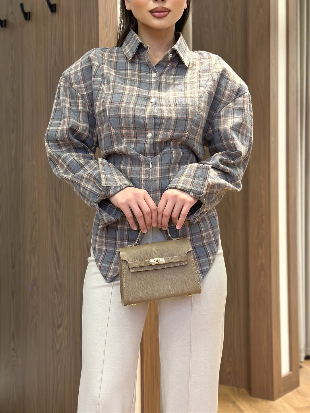 Women's Plaid Cinched Waist Long Sleeve Button-Up Shirt