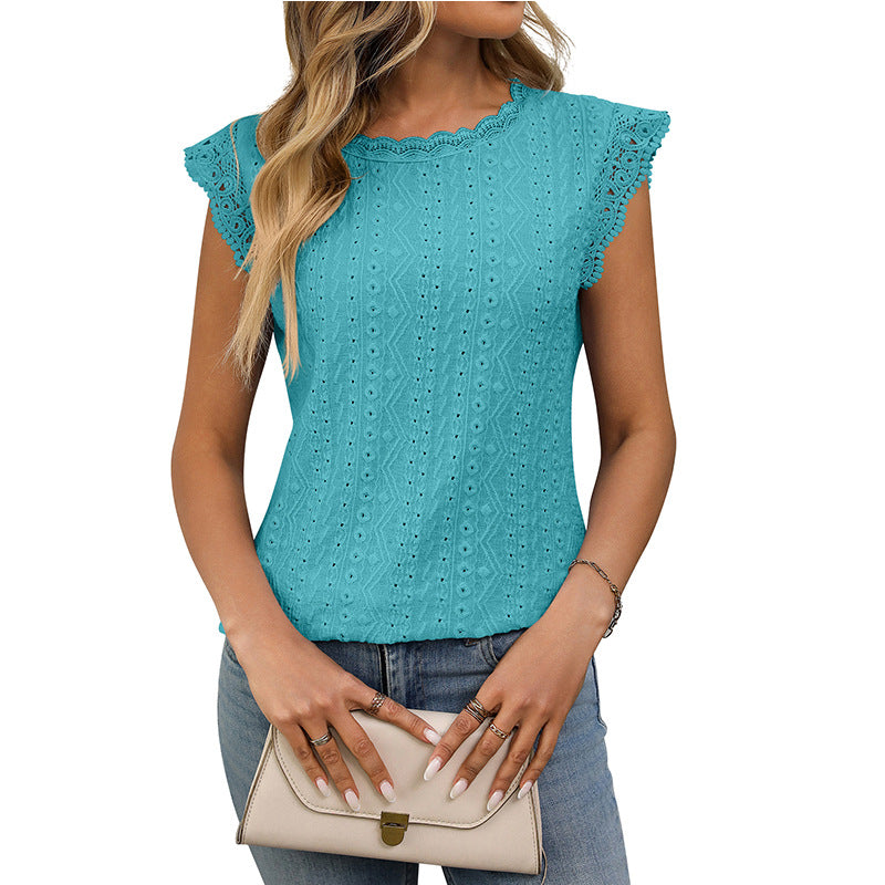 Women's Sleeveless Lace Knit Top – Crew Neck Hollow Out Summer Blouse