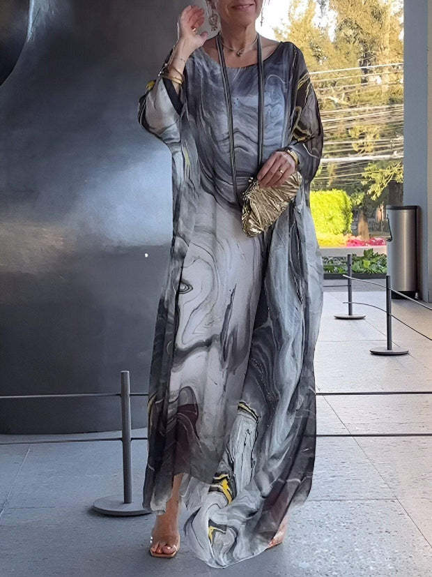 Women's Marble Chiffon Maxi Dress Batwing Plus Size