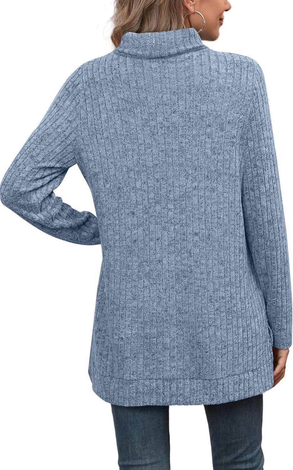 Oversized Ribbed Turtleneck Tunic Top Side Split