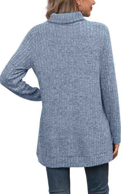 Oversized Ribbed Turtleneck Tunic Top Side Split