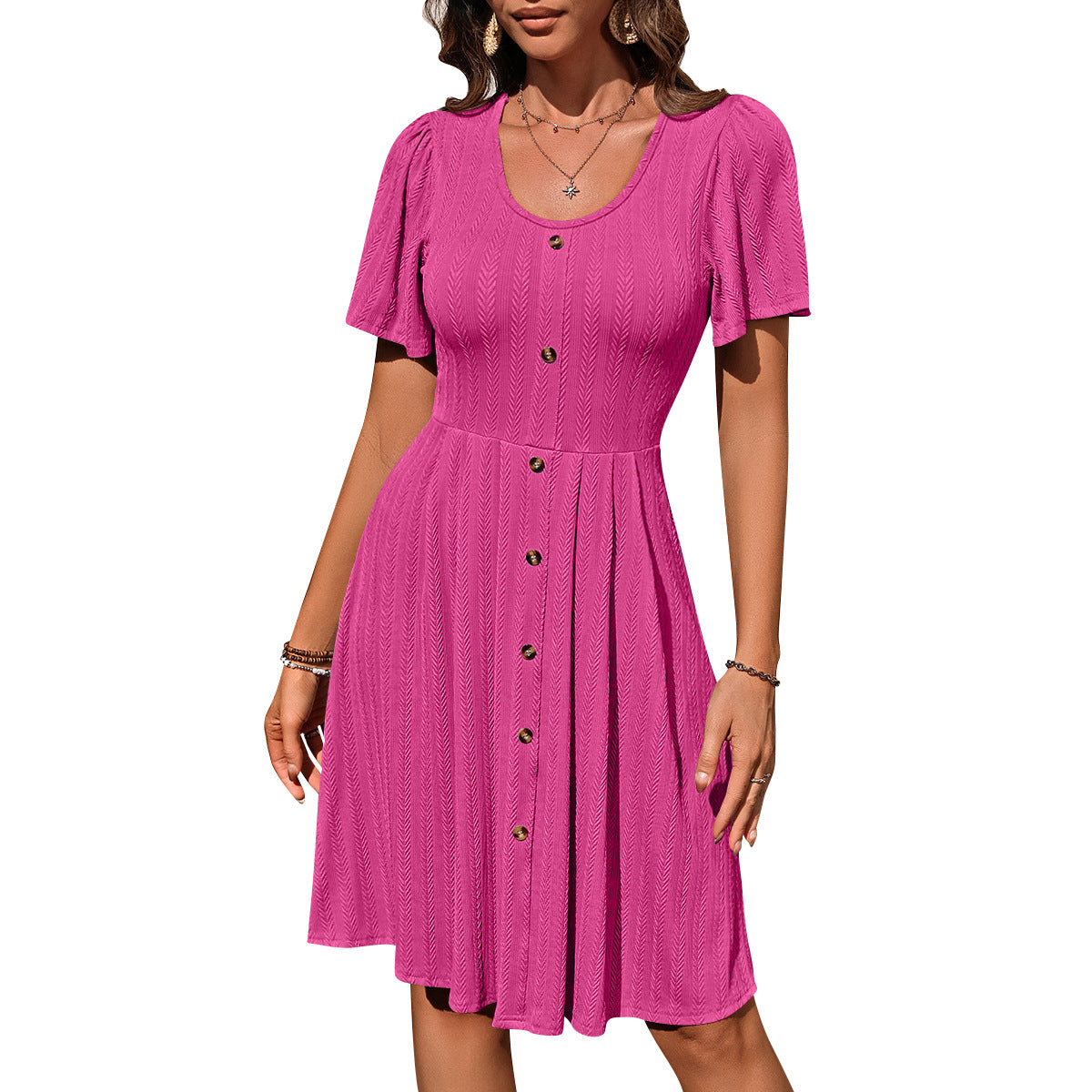 Round Neck Button Elastic Waist Casual Dress