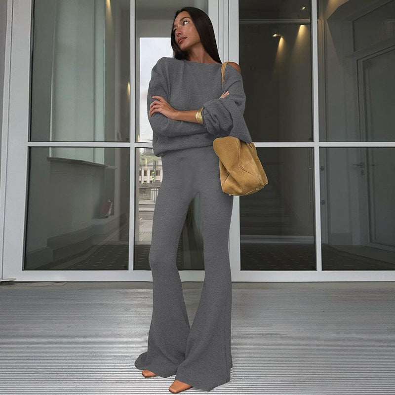 One Shoulder Fleece Top and Flare Pants Set