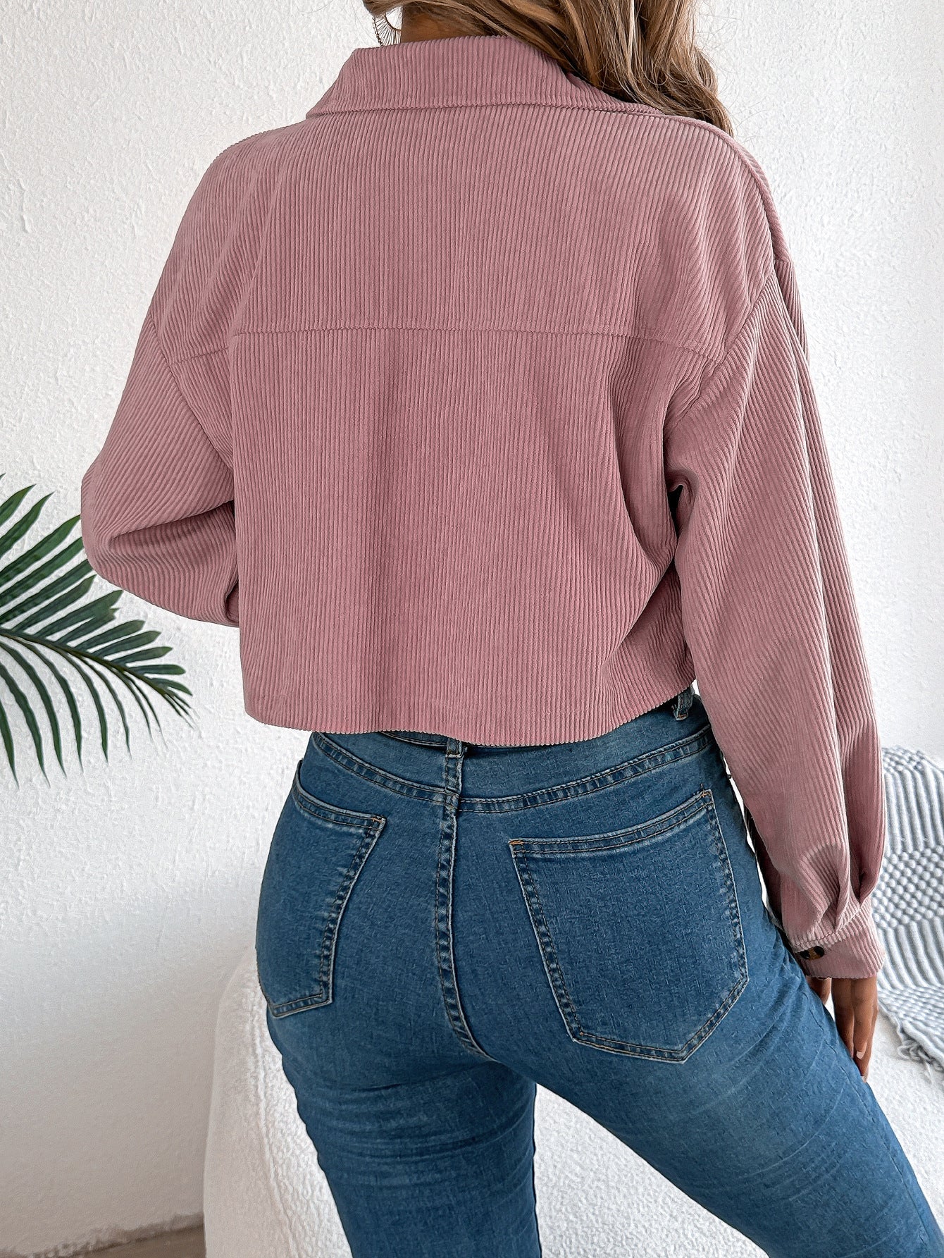 Corduroy Cropped Button Down Shacket for Women