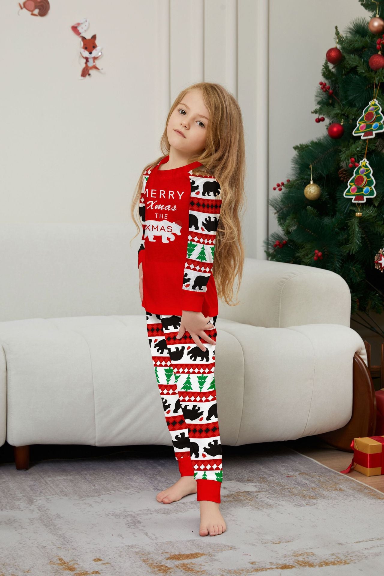 Christmas Tree Bear Letter Striped Parent-child Dress Printed Christmas Pajamas