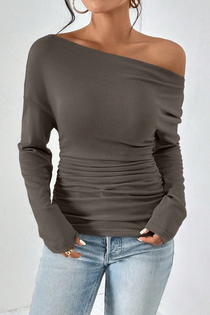 Women's Off Shoulder Ruched Asymmetric Long Sleeve Top