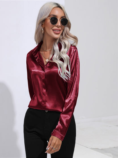 Women's Satin Long Sleeve Collared Blouse
