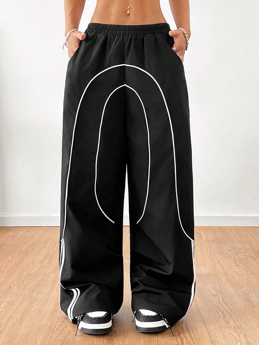 Women Baggy Wide Leg Pants Contrast Trim Low Rise Y2K