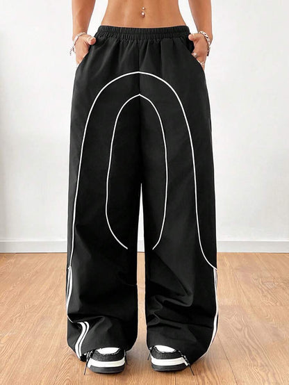 Women Baggy Wide Leg Pants Contrast Trim Low Rise Y2K
