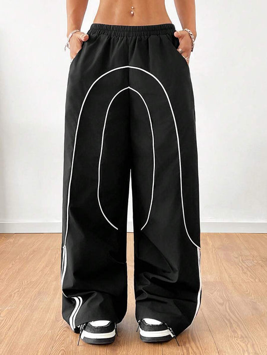Women Baggy Wide Leg Pants Contrast Trim Low Rise Y2K