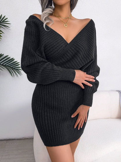 2025 Fall Winter Sexy V-Neck Batwing Sweater Dress