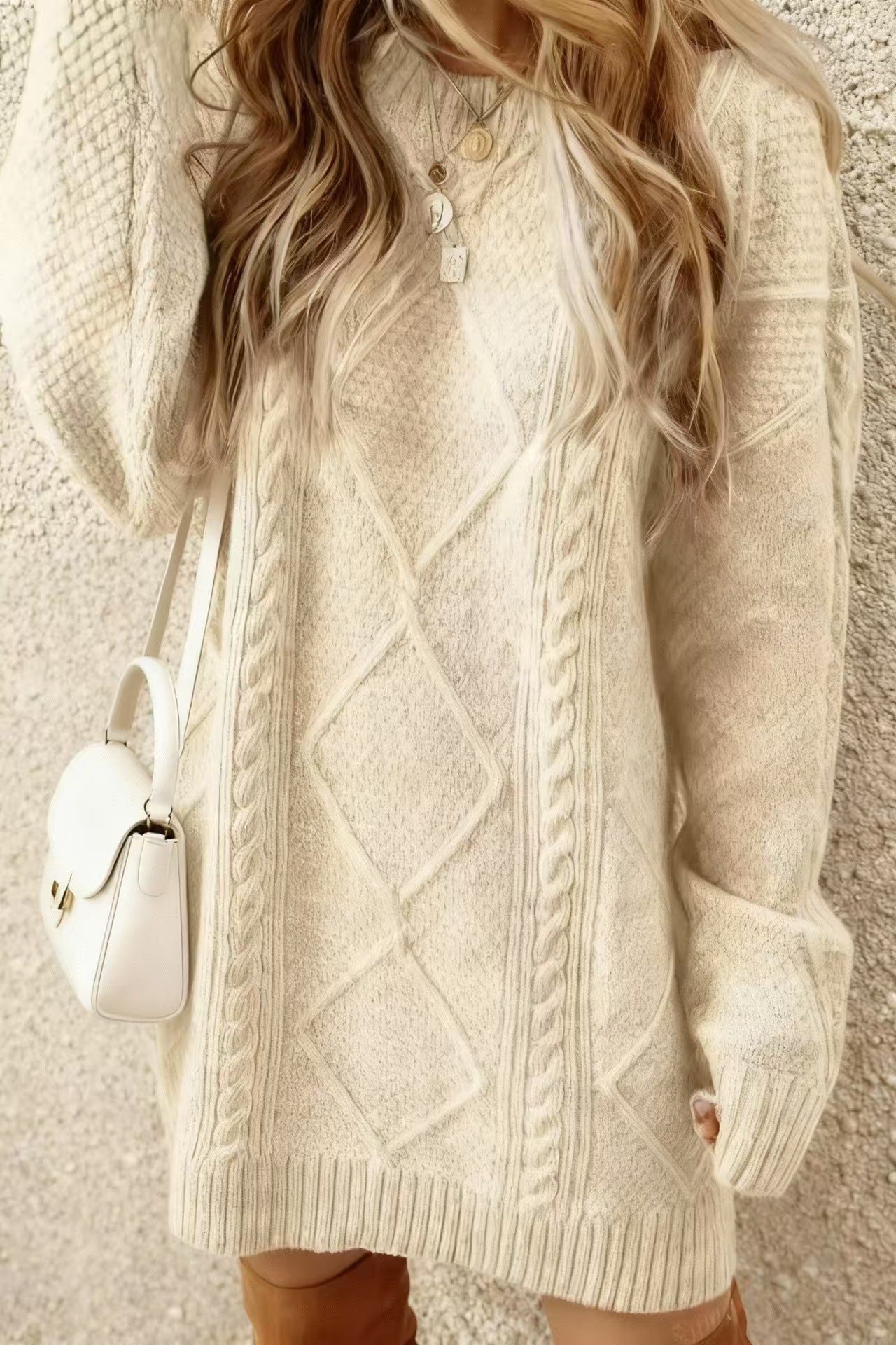 Oversized Chunky Cable Knit Sweater Dress Crew Neck