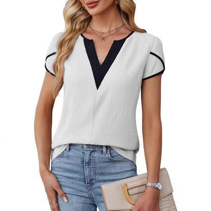 Color Block V Neck Short Sleeve Blouse for Women