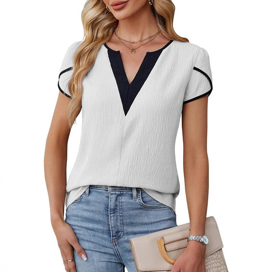 Color Block V Neck Short Sleeve Blouse for Women