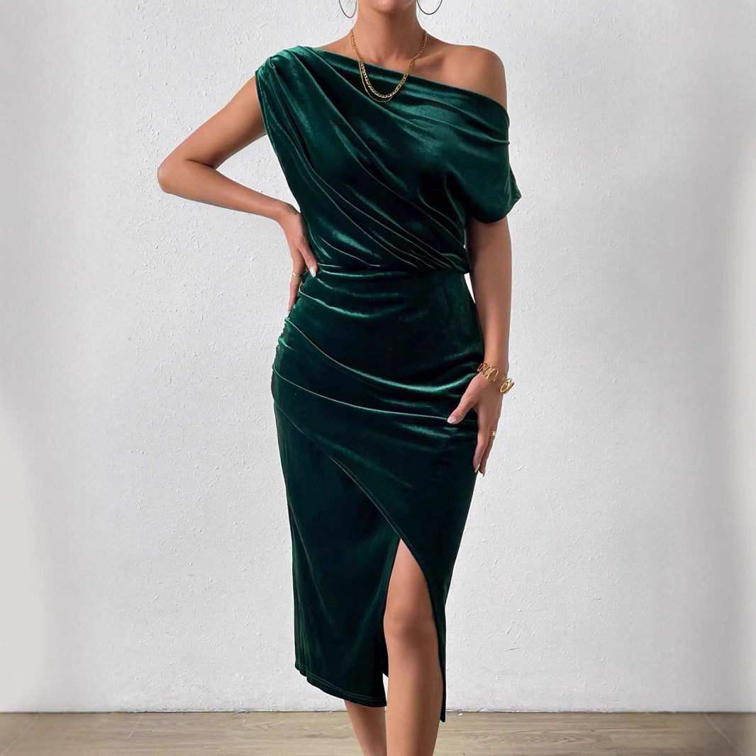 One Shoulder Velvet Midi Dress Ruched Asymmetrical Hem
