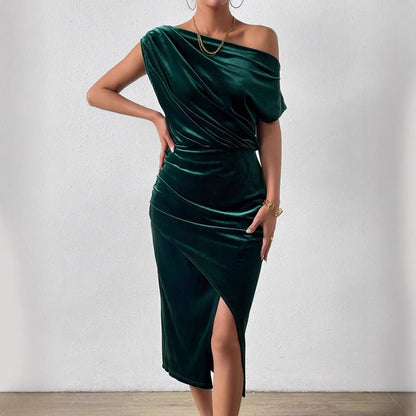 One Shoulder Velvet Midi Dress Ruched Asymmetrical Hem