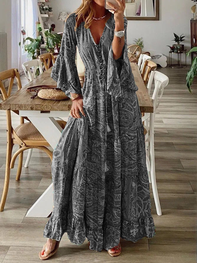Women's Boho Floral V-Neck Bell Sleeve Maxi Dress Flowy
